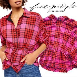 Free People Red Pink Plaid Button Up NWT Size S